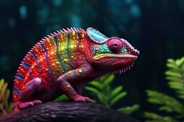 Colorful chameleon in the natural environment. Generative AI - obrazy, fototapety, plakaty