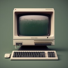Old computer station with keyboard on grey background, created using generative ai technology