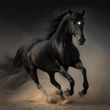 Close up of wild black horse running in sand, created using generative ai technology
