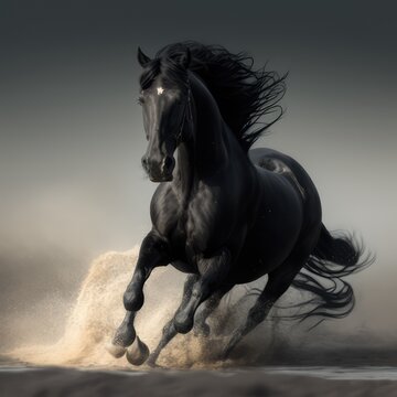 Close up of wild black horse running in sand, created using generative ai technology