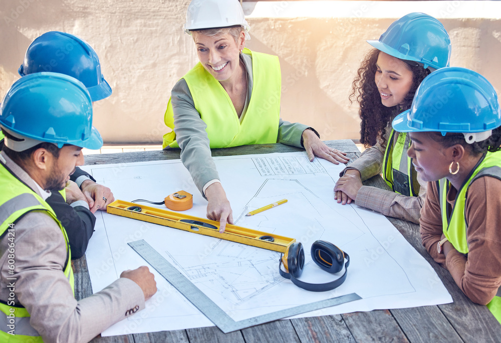 Poster architect, engineering and team with blueprint outdoor on table for construction and building projec