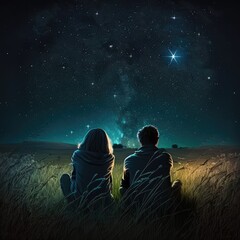 Couple in field star gazing at night sky, created using generative ai technology