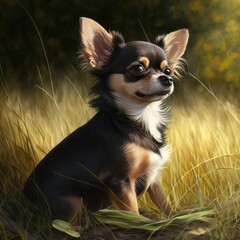Close up of cute black chihuahua dog in field, created using generative ai technology
