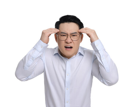 Angry businessman in formal clothes screaming on white background