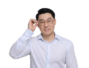 Fototapeta premium Businessman in formal clothes wearing glasses on white background