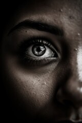 Naklejka premium Close up of woman's eye in black and white, created using generative ai technology