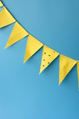 Strings of bunting on blue background, created using generative ai technology