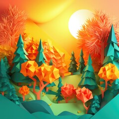 Origami landscape with trees and deer, created using generative ai technology