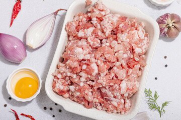 Raw minced meat, spices and herbs. Traditional ingredients for cooking cutlets or meatballs