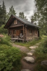 Fototapeta na wymiar Log cabin with brown roof in nature surrounded by trees, created using generative ai technology