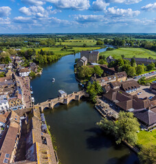 An aerial view above the River Great Ouse and town of St Ives, Cambridgeshire in summertime