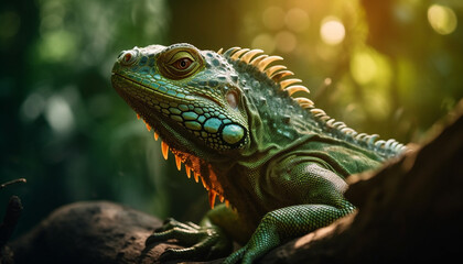 Fototapeta premium Spooky horned lizard crawls on branch in tropical rainforest generated by AI