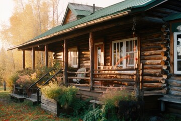 Log cabin in nature surrounded by trees, created using generative ai technology
