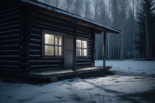 Log cabin with light and green roof in snow in nature, created using generative ai technology