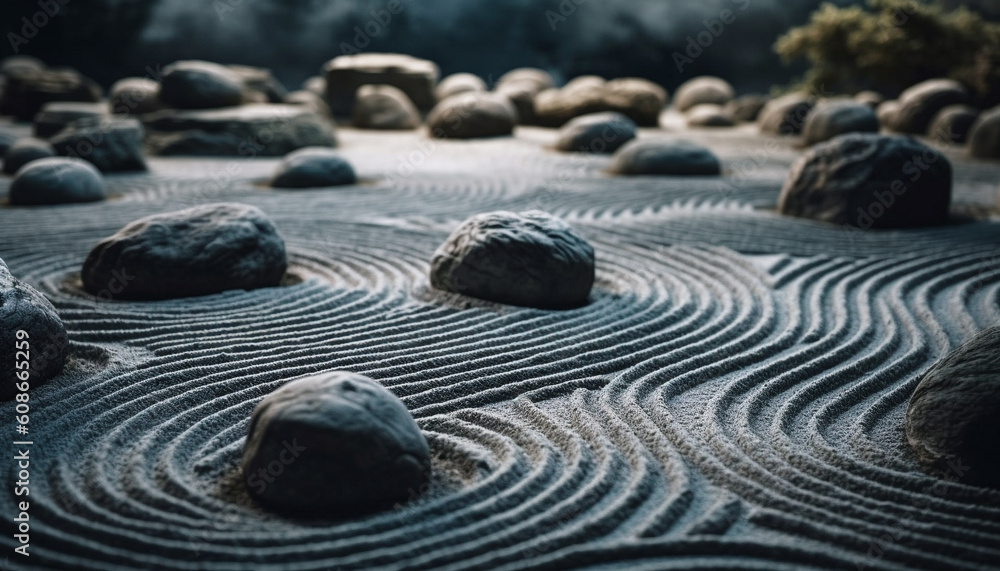 Poster a spiral of wet pebbles in a row on coastline generated by ai