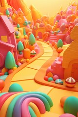 General view of colourful candyland in pastel colours, created using generative ai technology
