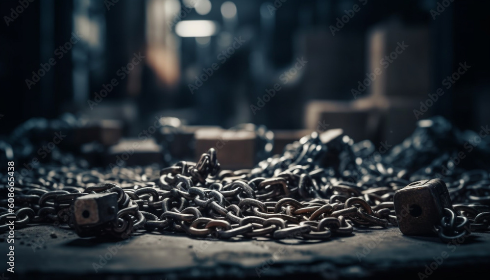 Aufkleber rusty chain and padlock secure old machinery in dark workshop generated by ai