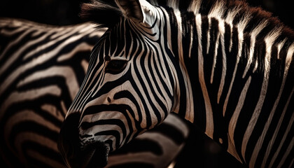 Striped elegance Close up portrait of a plains zebra in Africa generated by AI