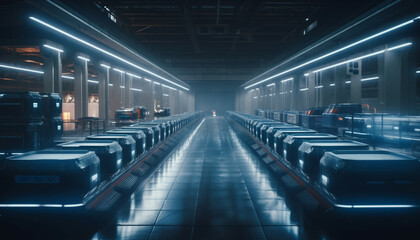 Fototapeta premium In a futuristic subway station, blue vanishing point corridor illuminates generated by AI