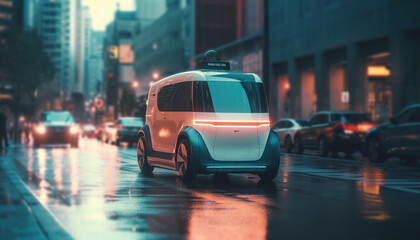 Fototapeta premium Rushing through the crowded city streets, headlights blur in rain generated by AI