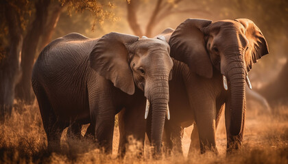 Fototapeta na wymiar African elephant herd grazes peacefully in tranquil savannah sunset generated by AI