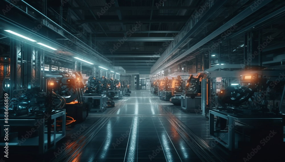 Poster modern factory uses advanced technology for fast production line motion generated by ai
