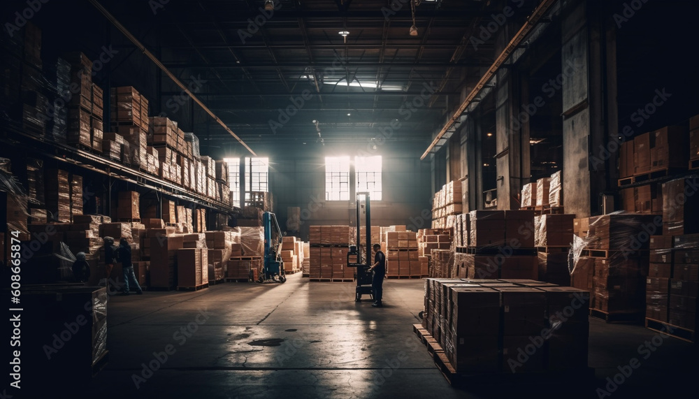 Poster a group of men working inside a large warehouse factory generated by ai
