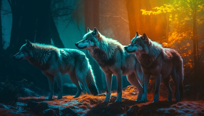 A pack of howling wild dogs alert in the wilderness dusk generated by AI