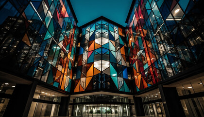The futuristic skyscraper glass facade reflects the vibrant city life generated by AI