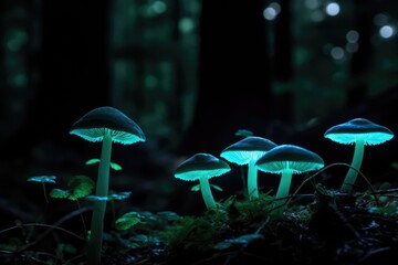 Close up of glowing mushrooms in forest created using generative ai technology