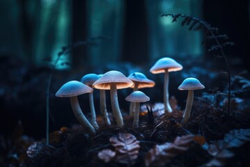 Fototapeta premium Close up of glowing mushrooms in forest created using generative ai technology