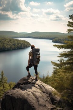 Caucasian female hiker sitting on rock and looking at lake created using generative ai technology