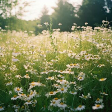 Close up of meadow with multiple white daisies created using generative ai technology