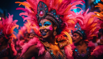 Smiling women in multi colored costumes dance samba at night parade generated by AI