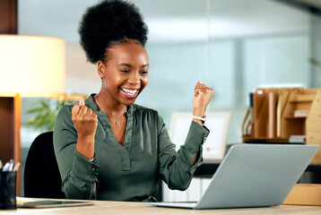 Business, celebration and black woman with success on laptop, computer or working achievement,...
