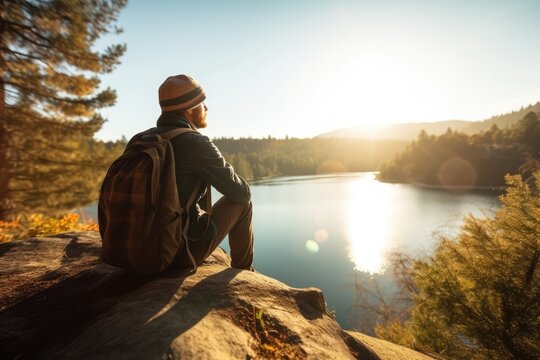 Caucasian male hiker sitting on rock and looking at lake created using generative ai technology