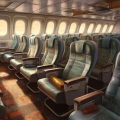 Interior of airplane with empty green seats, created using generative ai technology