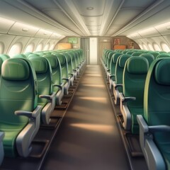 Interior of airplane with empty seats, created using generative ai technology