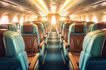 Interior of airplane with empty green seats, created using generative ai technology