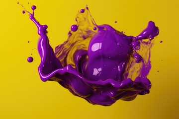Close up of purple liquid splashing on yellow background created using generative ai technology