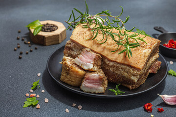Piece of salty high-fat meat cooked with spices. Salo, bacon, lard, silverside, gammon