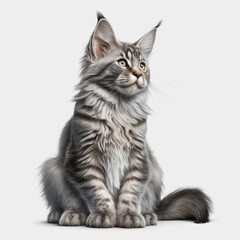 Close up of grey main coon cat on white background created using generative ai technology - obrazy, fototapety, plakaty