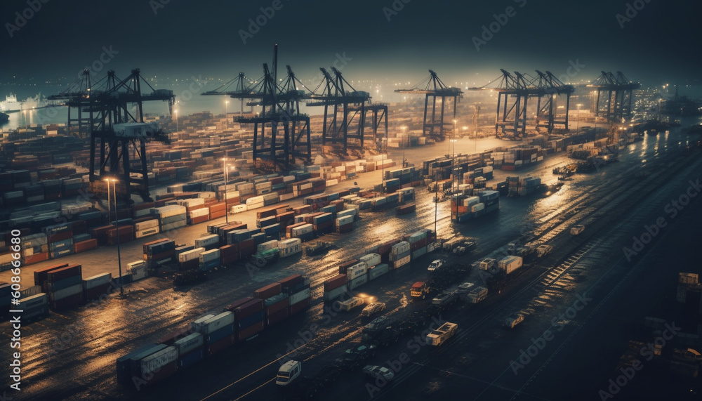 Wall mural container ship carrying cargo illuminates commercial dock at dusk outdoors generated by ai