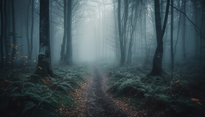 Obraz premium Walking through the spooky forest on a wet October night generated by AI