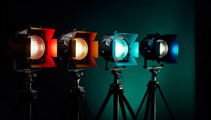 Stage illuminated by modern lighting equipment for theatrical performance generated by AI