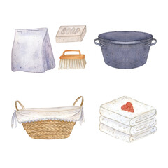 A set of detergents - soap, washing powder, a cleaning brush, a wicker basket, a blue basin and a stack of white towels. Watercolor illustration isolated on a white background. clipart, cleaning,order