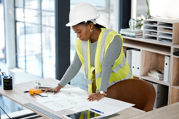 Architecture, planning and blueprint with black woman in office for engineering, illustration and...
