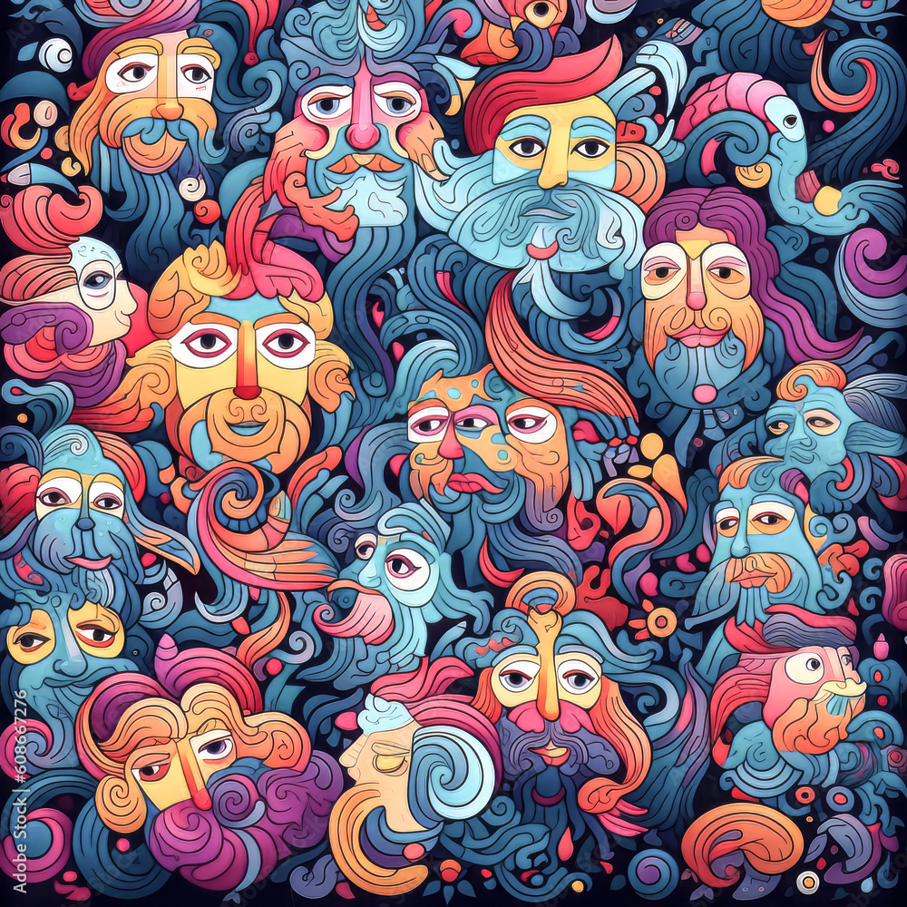 Poster a vibrant image of interlocking, colorful shapes and faces appears - generative ai.
