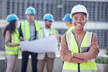 Engineer, black woman or manager at construction site outdoor for civil engineering and architecture. Portrait of leader for gender equality with architect people and smile for city project success - Powered by Adobe