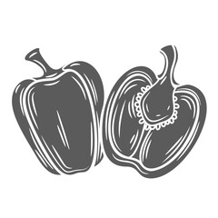 Bell peppers glyph icon vector illustration. Stamp of whole raw paprika and sweet fresh ripe vegetable cut into half with seeds and stem, food ingredient for cooking and raw peppers for eating